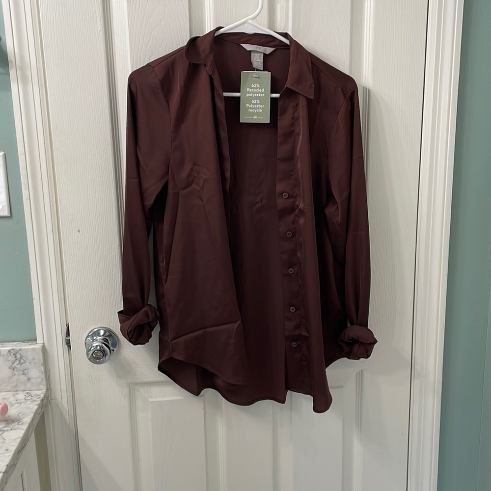NWT Brown H&M Satin Button Down Shirt
